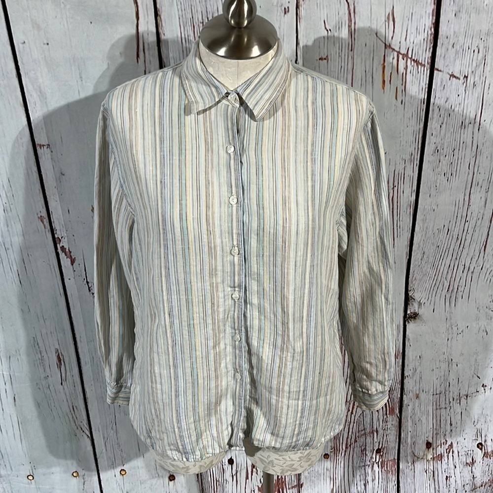 L.L.BEAN button down 100% linen long sleeve striped shirt size xlarge .